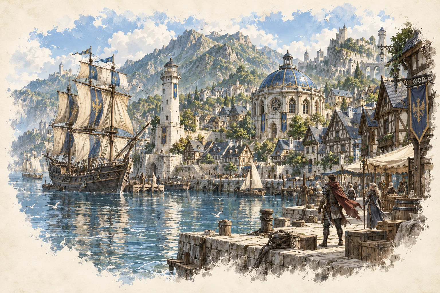 Blue-roofed houses, sailing ships, and a domed building overlooking Ingen harbor.